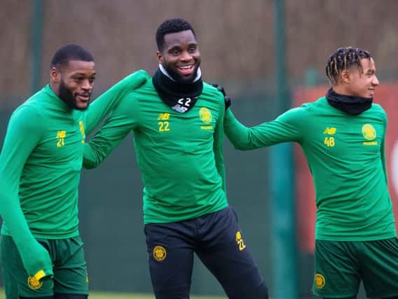 Odsonne Edouard, centre, returned to Celtic training on Tuesday, alongside Olivier Ntcham, left, and Armstrong Oko-Flex. Picture: Craig Foy/SNS
