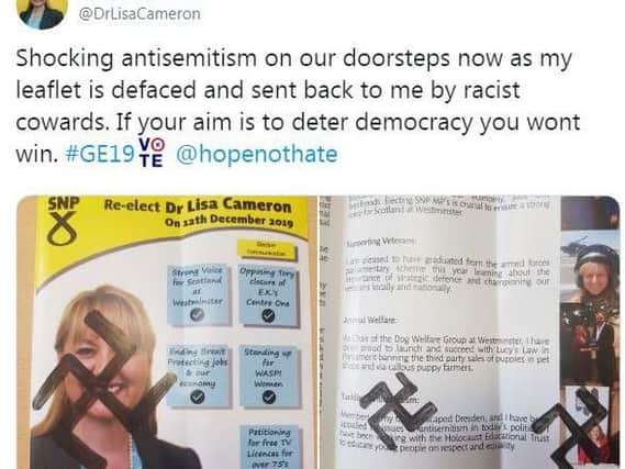 A defiant tweet from the candidate said: "Shocking antisemitism on our doorsteps now as my leaflet is defaced and sent back to me by racist cowards." Picture: Twitter