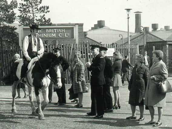 BA Cowboy Denis McCourtney outside British Aluminium factory on horse in 1970s. PIC: BBC Scotland.