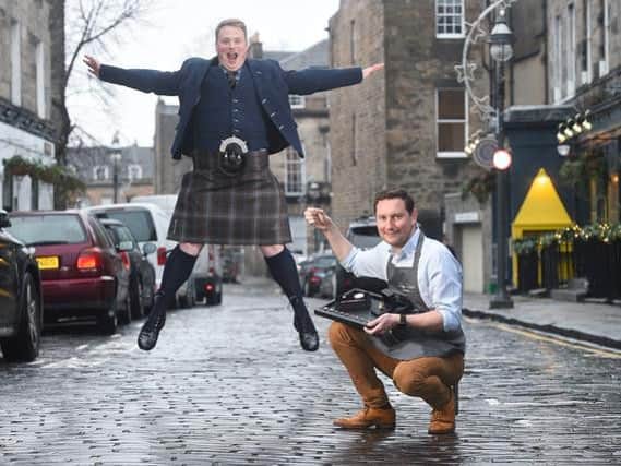 Conor Scott from 8 Yards kilt company and Liam Ross of Jewellery by Liam Ross show off their bespoke offerings in Edinburghs West End. Picture: Greg Macvean