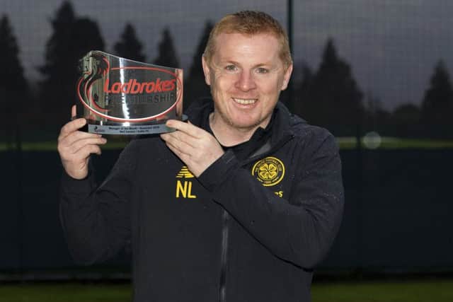 GLASGOW, SCOTLAND - DECEMBER 05: Celtic manager Neil Lennon is presented with the Ladbrokes Manager of the Month award for November, at Lennoxtown, on December 05, 2019, in Glasgow, Scotland. (Photo by Alan Harvey / SNS Group)