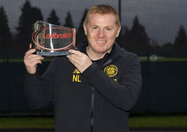 GLASGOW, SCOTLAND - DECEMBER 05: Celtic manager Neil Lennon is presented with the Ladbrokes Manager of the Month award for November, at Lennoxtown, on December 05, 2019, in Glasgow, Scotland. (Photo by Alan Harvey / SNS Group)