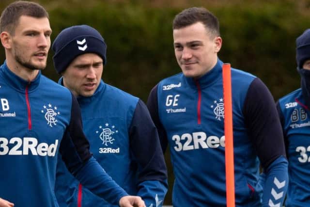Borna Barisic (far left) takes part in training with Greg Stewart, George Edmundson and Brandon Barker