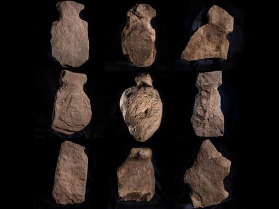 The nine figurines discovered by archaeologists at the site of a proposed power station at Finstown, Orkney. PIC: