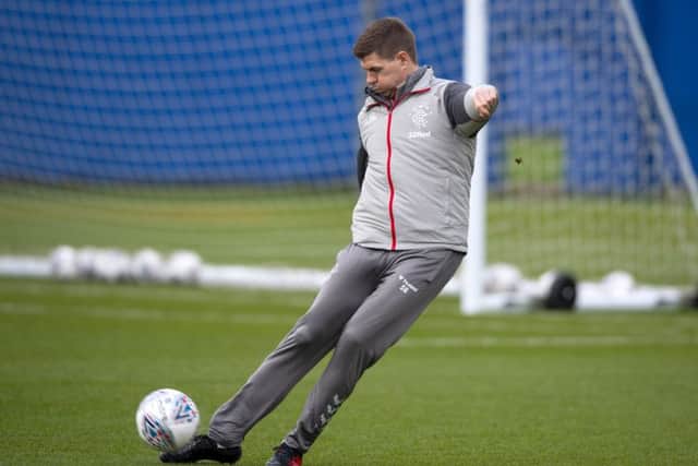 Rangers manager Steven Gerrard joins in with training ahead of the Betfred Cup final against Celtic. Picture: Alan Harvey/SNS