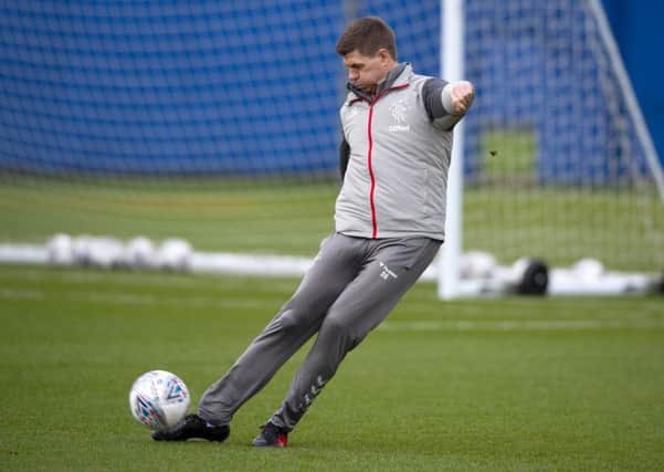 Rangers manager Steven Gerrard joins in with training ahead of the Betfred Cup final against Celtic. Picture: Alan Harvey/SNS