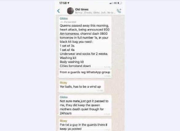 The WhatsApp chat that led to the social media storm about the Queen's 'death'. Picture: Portsmouth News