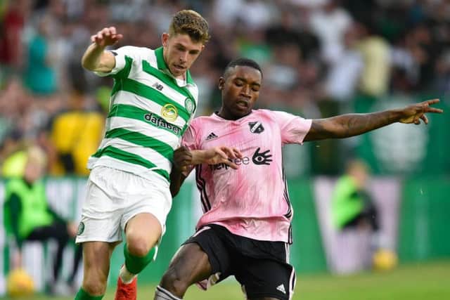 Reginald Mbu Alidor in action against Celtic earlier this season.