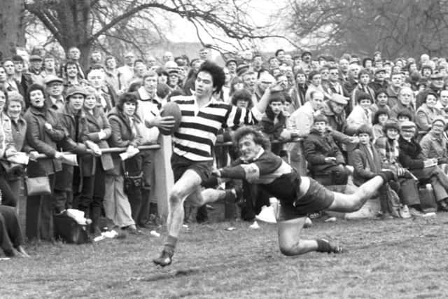 Roger Baird in action for Kelso v Selkirk at the 1981 Melrose Sevens. The former Scotland cap is in hot water over an after-dinner speech. Picture: TSPL