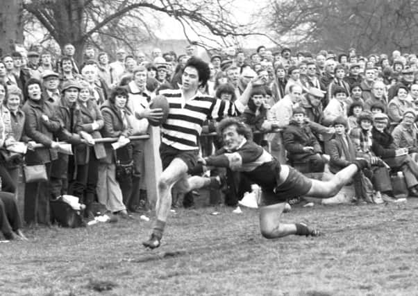 Roger Baird in action for Kelso v Selkirk at the 1981 Melrose Sevens. The former Scotland cap is in hot water over an after-dinner speech. Picture: TSPL