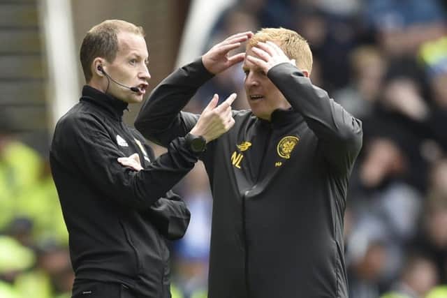 Celtic manager Neil Lennon with Willie Collum during the Ladbrokes Premiership match against Rangers at Ibrox in September. Picture: Rob Casey / SNS
