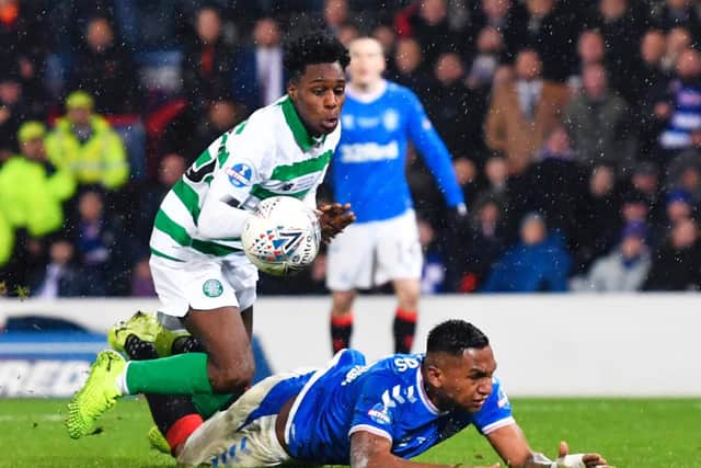 Jeremie Frimpong concedes a penalty with a clumsy foul on Alfredo Morelos