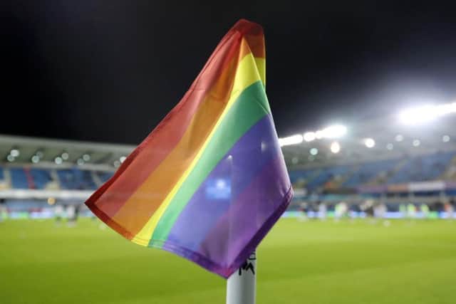A croner flag supporting the Rainbow Laces campaign