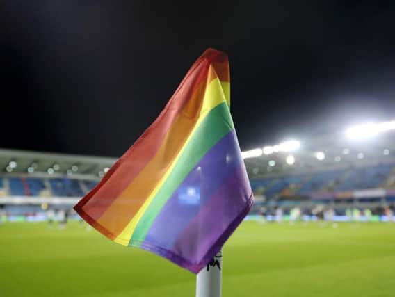 A croner flag supporting the Rainbow Laces campaign