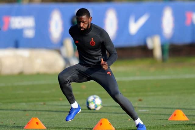 Antonio Rudiger trains at Cobham yesterday as he prepares to make his Chelsea comeback against Lille at Stamford Bridge tonight. Picture: Getty.