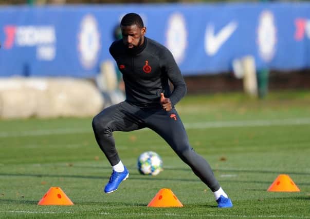 Antonio Rudiger trains at Cobham yesterday as he prepares to make his Chelsea comeback against Lille at Stamford Bridge tonight. Picture: Getty.