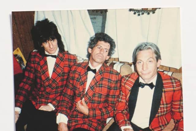 One of Jo Wood's behind the scenes snaps, of Ronnie, Keith Richards and Charlie Watts not really rocking the tartan on the set of the She Was Hot video, 1984