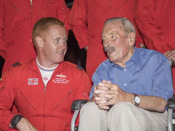 Battle of Britain pilot Maurice Mounsden (right) with Red 1, Squadron Leader Martin Pert