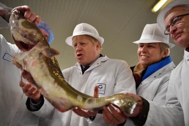 Prime Minister Boris Johnson examines a fish on the campaign trail