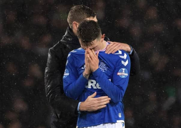 Rangers manager Steven Gerrard consoles Ryan Jack after the Betfred Cup final defeat by Celtic. Picture: Alan Harvey / SNS