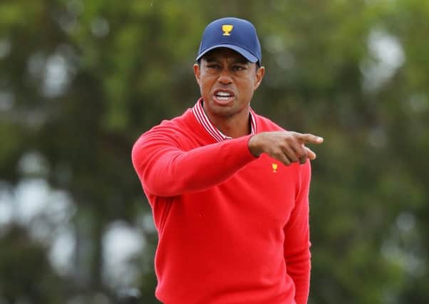 Did you see that? - seems to be the message as Tiger Woods points to the fifth hole having chipped in from off the green.  Picture: Getty.
