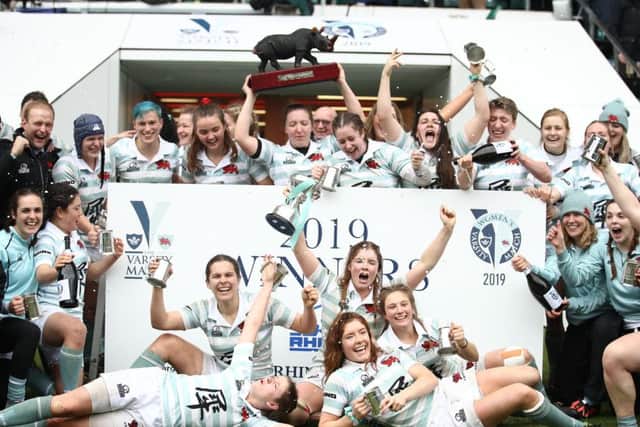 The Cambridge University team celebrate yesterdays victory over their Oxford rivals at Twickenham. Picture: Getty.