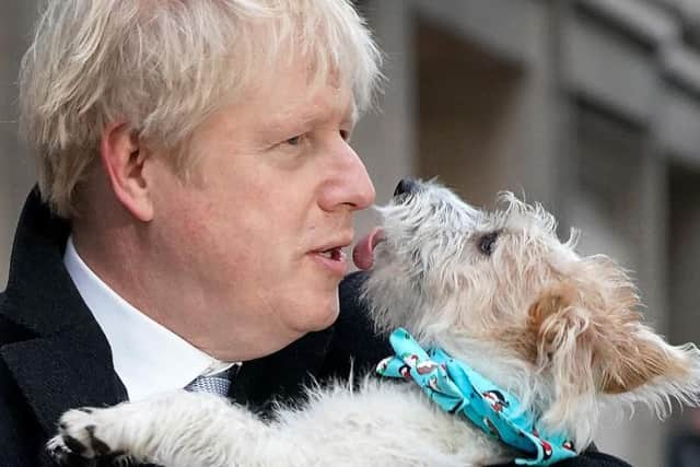 Prime Minister Boris Johnson arrives to cast his vote with dog Dilyn