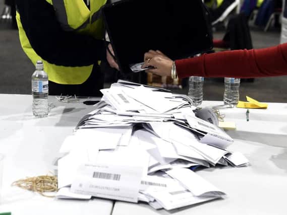 Ballot papers ready to be counted at the Royal Highland Centre in Edinburgh.