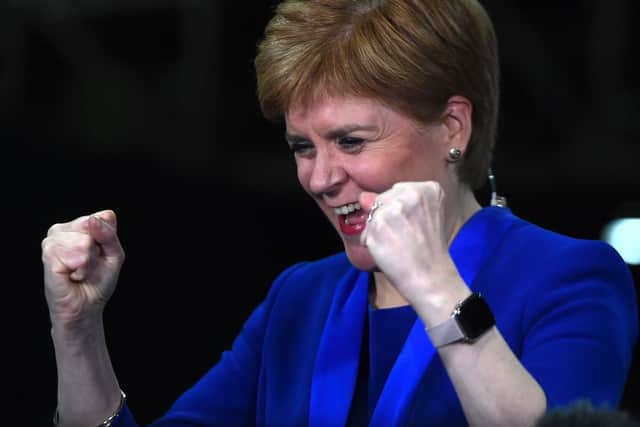 Nicola Sturgeon, leader of the SNP, celebrating the victory of her party, which secured 48 seats.