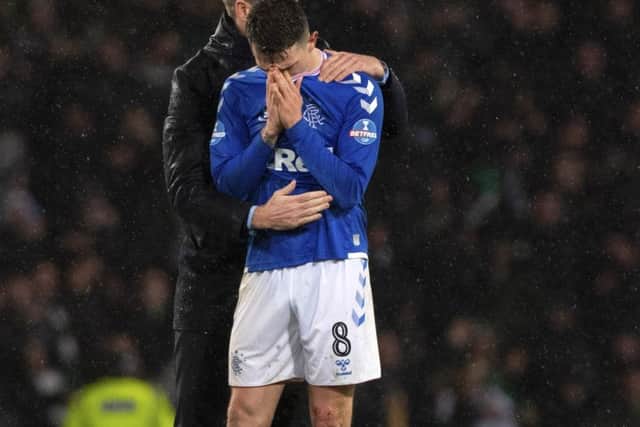 Steven Gerrard comforts Ryan Jack as the tears flow after a Betfred Cup defeat that seemed to merit such an instinctive response. Photograph: Alan Harvey SNS
