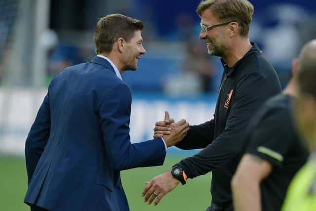Rangers and Liverpool announced contract extensions for Steven Gerrard and Jurgen Klopp within little more than an hour of each other. Picture: Andrew Powell/Liverpool FC via Getty Images