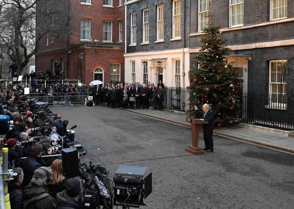Prime Minister Boris Johnson delivers a speech outside 10 Downing Street in central London on December 13, 2019, following his Conservative party's general election victory. Picture: DANIEL LEAL-OLIVAS/AFP via Getty Images