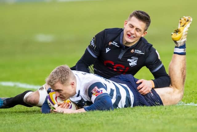 Cameron Hutchison of Heriot's scores a second half try against Southern Knights. Picture: Bill Murray / SNS