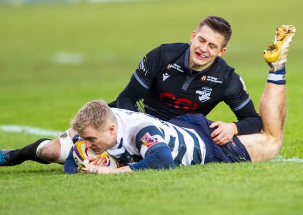 Cameron Hutchison of Heriot's scores a second half try against Southern Knights. Picture: Bill Murray / SNS