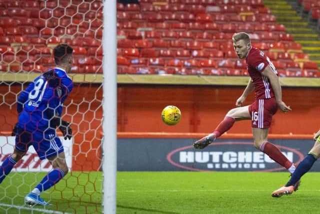 Sam Cosgrove opens the scoring for Aberdeen against Hamilton. Picture: Ross MacDonald / SNS
