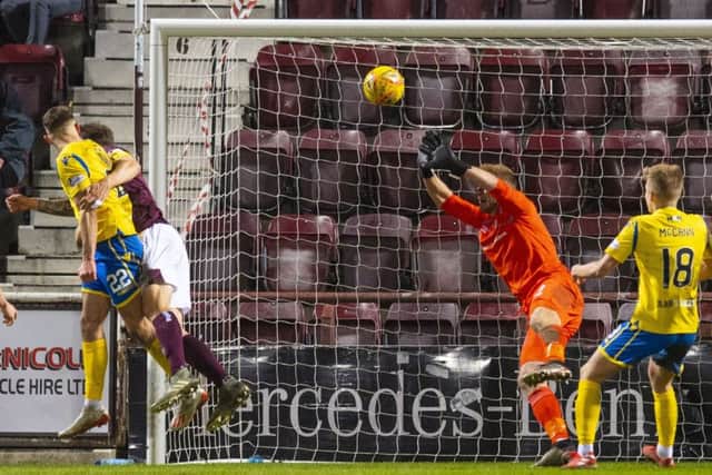 St Johnstone's Callum Hendry heads home the only goal of the game against Hearts. Picture: Craig Williamson / SNS