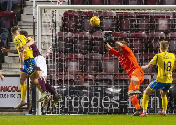 St Johnstone's Callum Hendry heads home the only goal of the game against Hearts. Picture: Craig Williamson / SNS
