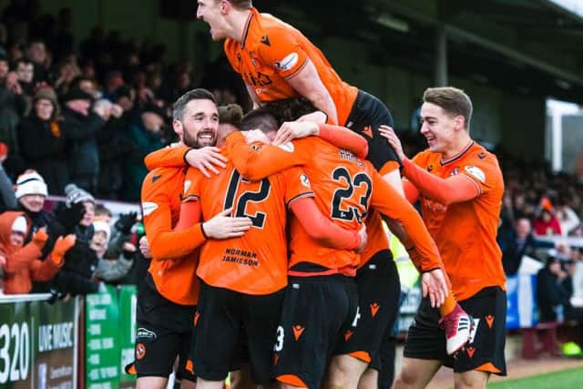 Dundee United players celebrate Sam Stanton's goal. Picture: SNS