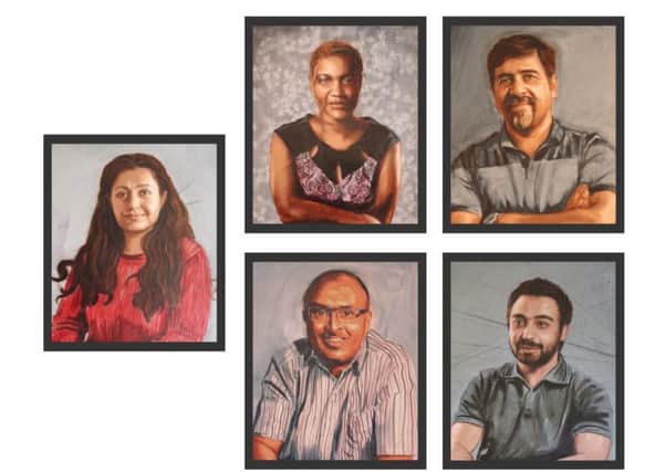 Portraits of five of the Young Academy of Scotlands ARAR members, commissioned by the Royal Society of Edinburgh and painted by I.D. Campbell.  Featured, left to right: (left) Pinar Aksu (top) Debora Kayembe, Alaa Hamdon, (bottom) Shawki Al Dubaee, Zaher Al Bakour