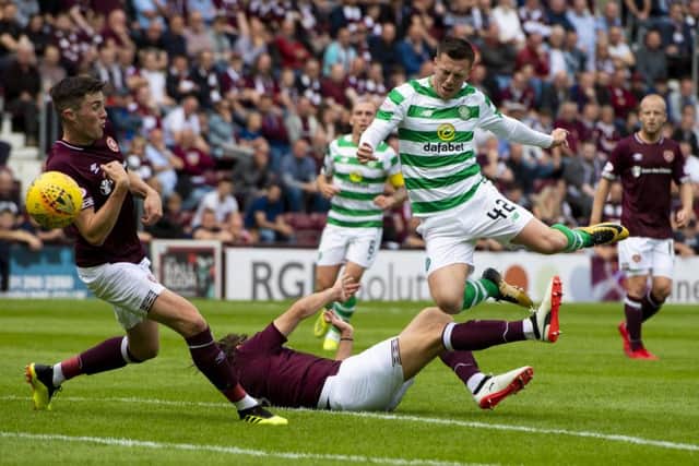 Callum McGregor in action against Hearts at Tynecastle last season