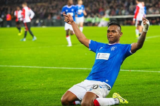 Alfredo Morelos celebrates scoring for Rangers against Feyenoord in De Kuip Stadium