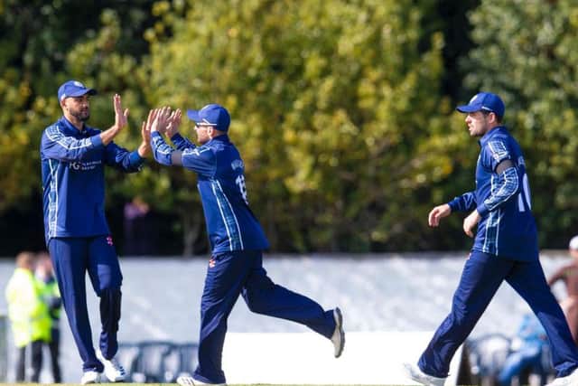 Scotland in action against Afghanistan in an ODI at The Grange in May 2019