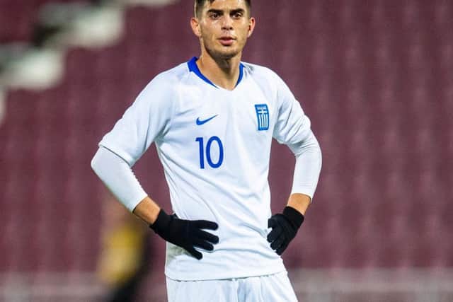 Giannis Bouzoukis in action for Greece Under-21s against Scotland Under-21s at Tynecastle