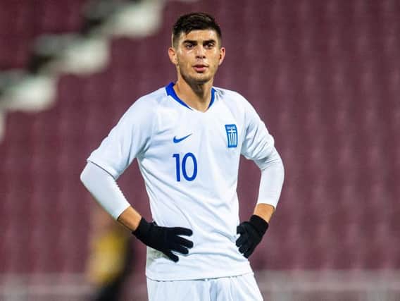 Giannis Bouzoukis in action for Greece Under-21s against Scotland Under-21s at Tynecastle
