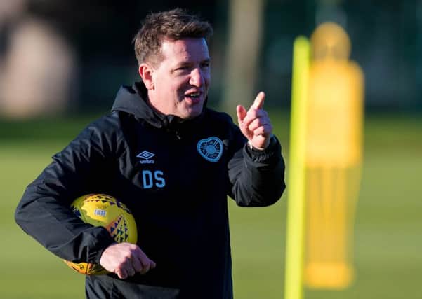 Daniel Stendel gets his message across during training ahead of Hearts home game against Celtic. Picture: SNS.