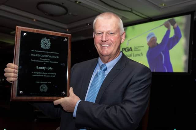 Sandy Lyle with his PGA Recognition Award ahead of the PGA Scotland lunch in Glasgow. Picture: Kenny Smith