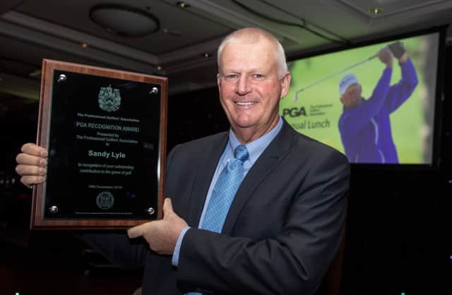 Sandy Lyle with his PGA Recognition Award ahead of the PGA Scotland lunch in Glasgow. Picture: Kenny Smith