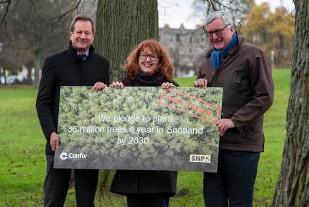 Confor CEO Stuart Goodall (left), SNP MP for Edinburgh North and Leith Deidre Brock and Scottish Government Cabinet Secretary for Rural Economy, Fergus Ewing MSP, pledge to plant 36 million trees annually by 2030.