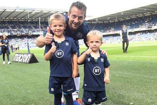 Greig Laidlaw with his family after the summer World Cup warm-up Test 17-14 win over France. Picture: SRU/SNS