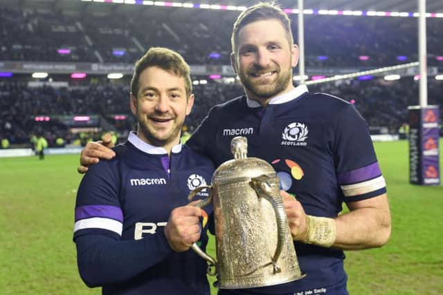 Greig Laidlaw and John Barclay show their delight with the Calcutta Cup after Scotlands victory over England at Murrayfield in 2018. Picture: SNS.